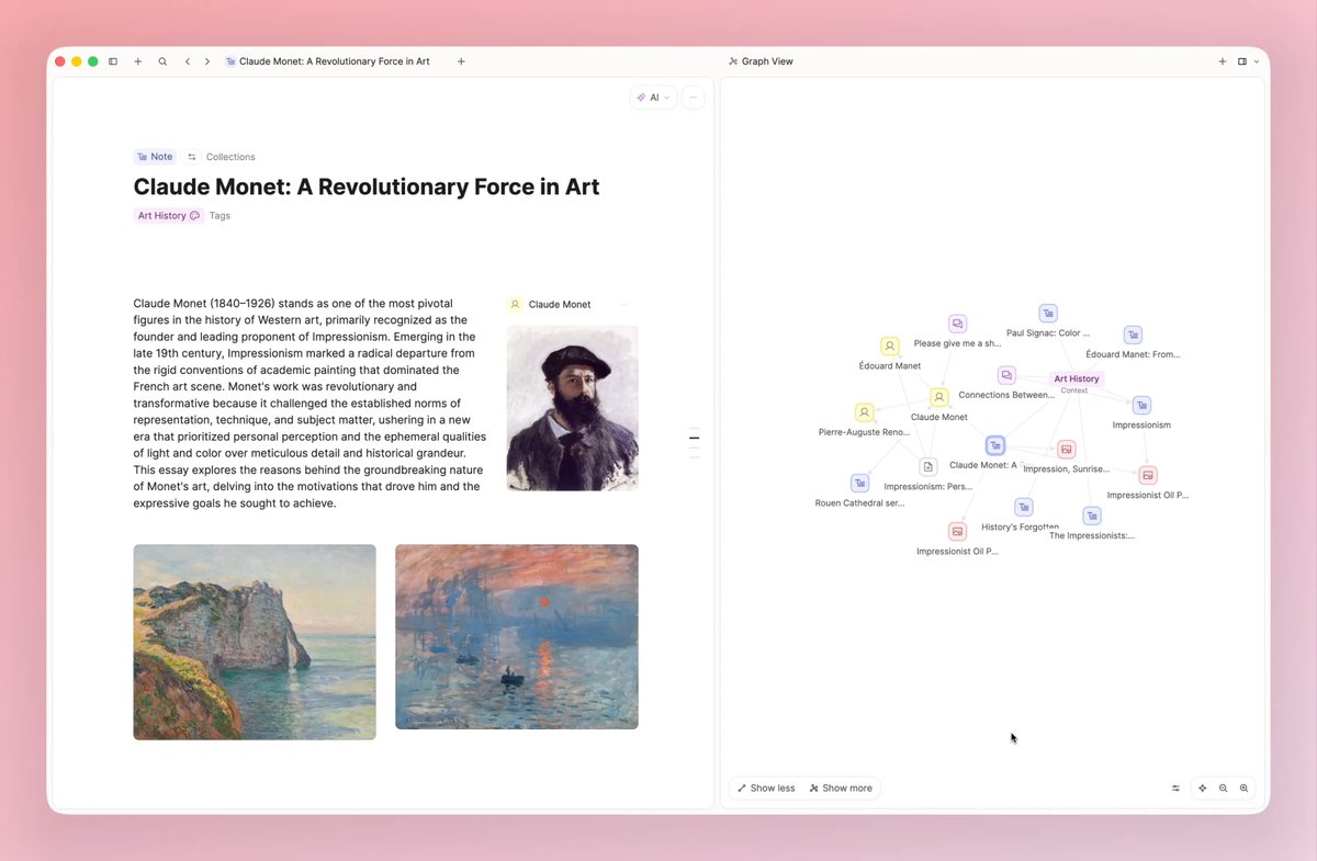 A note-taking application interface titled 'Claude Monet: A Revolutionary Force in Art' with a portrait of Monet, two of his paintings, and an accompanying graph view showing related topics like 'Art History,' 'Impressionism,' and 'Édouard Manet.'