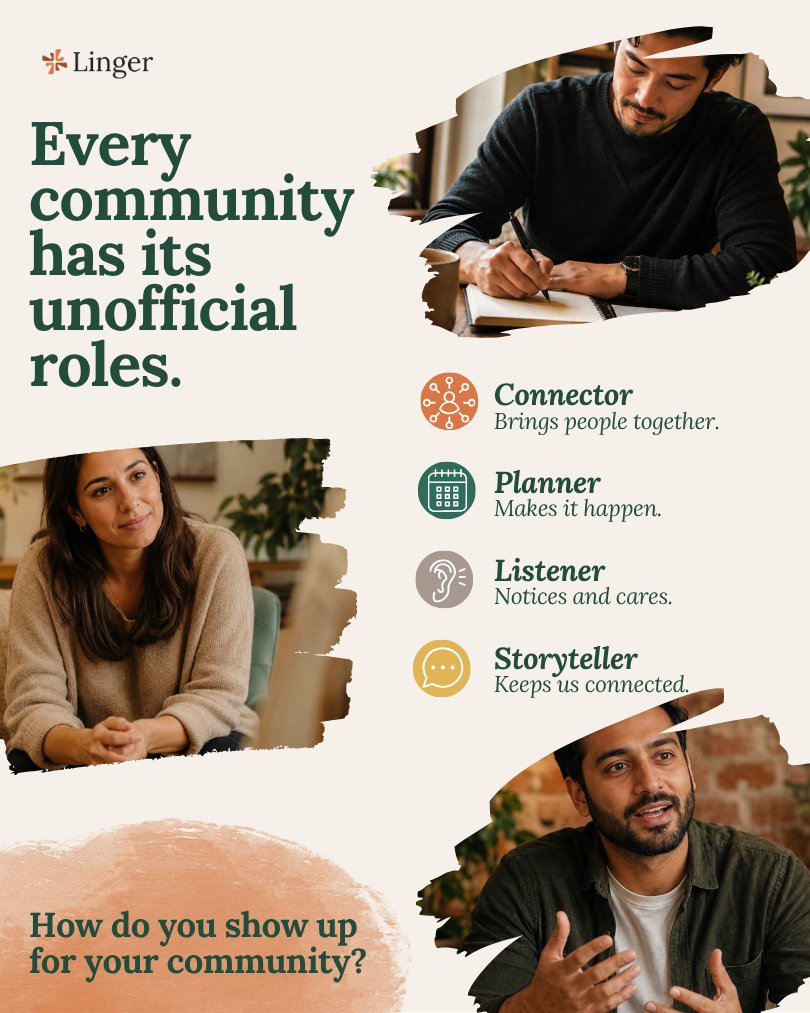 LingerHQ's tweet photo. You do not have to be the loudest person in the room to influence how that room feels.

What role do you most often play: Connector, Planner, Welcomer, Listener, Storyteller, Steady Regular, or something else entirely?

#LingerCommunity https://t.co/Nh9hE1F2dM