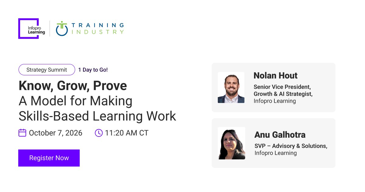 InfoproLearning's tweet photo. Leadership signs off on the skills strategy; then execution stalls. Tomorrow at the @TrainingIndustr Strategy Summit, @Nolanhout and @anu_gal, will answer the toughest questions leaders ask about skills-based strategy. Join us Oct 7 at 11:20 AM CT, then meet the team at Booth 13: https://t.co/DDceZRAEGE

#skillsbased #lndstrategy #talentdevelopment #trainingindustry