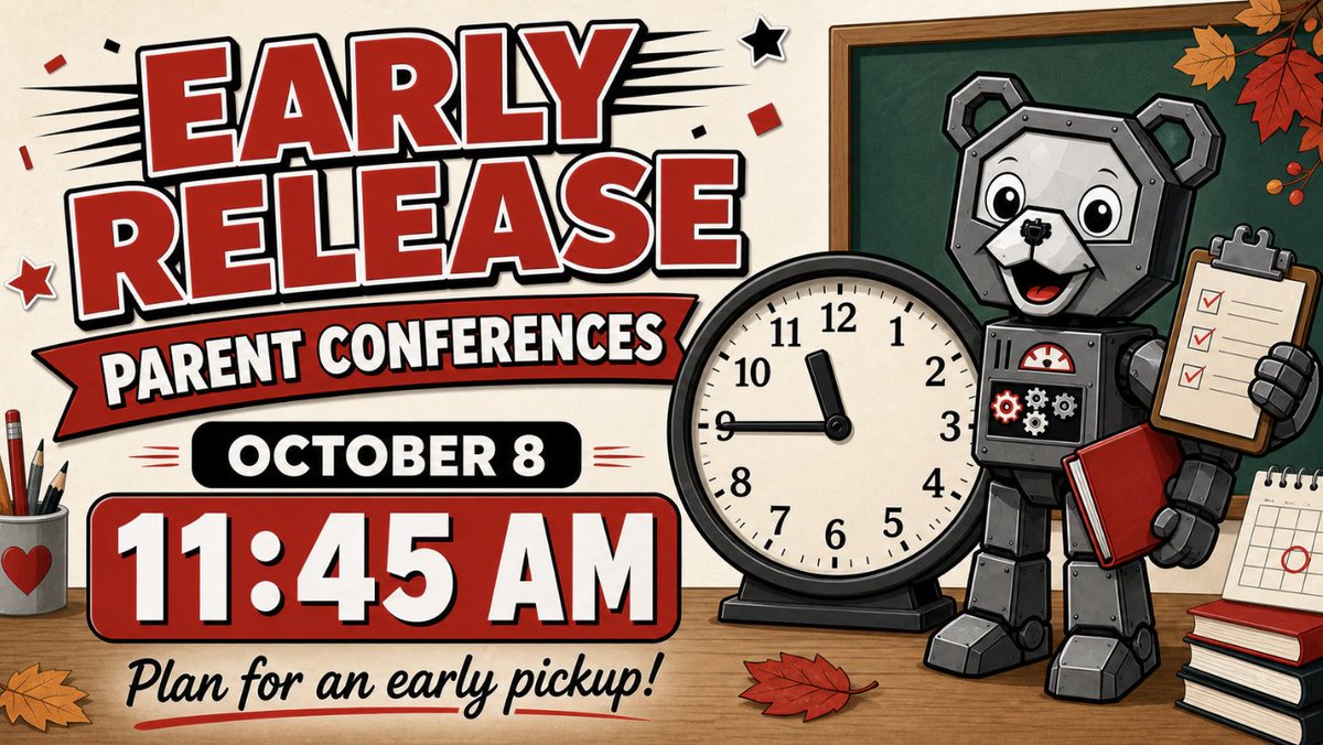 canSTEM's tweet photo. Early Dismissal ~ Thursday, October 8 at 11:45 https://t.co/ktNggRQ0D8 via @ParentSquare https://t.co/hqI9qeRHz1