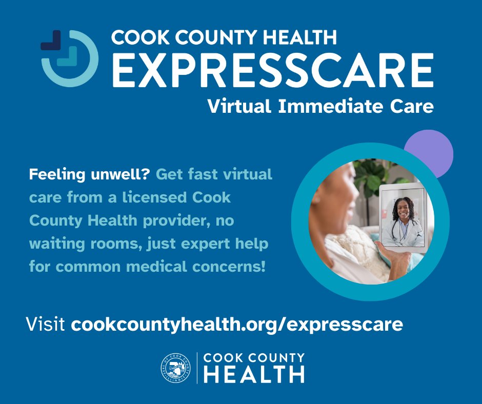 CookCtyHealth's tweet photo. Feeling sick but can’t get to the doctor? Start an Express Care visit to treat basic health issues like cold symptoms, rashes, upset stomachs, and more. This service is available Monday-Friday from 7am-7pm and is open to all adults and kids. 

Visit https://t.co/J0B0dc7BoR https://t.co/IY2r7Cy0x1