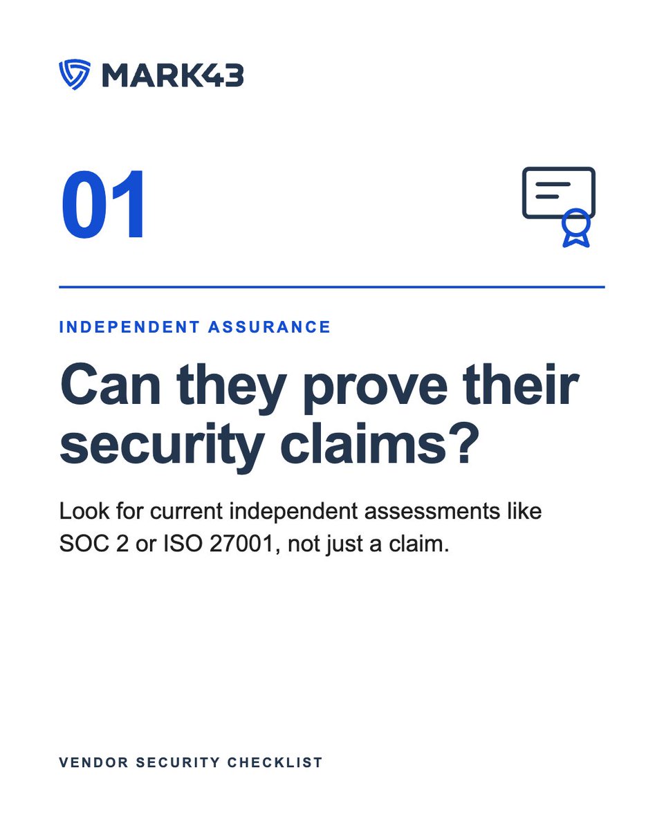 mark43's tweet photo. October is Cybersecurity Awareness Month, and we’ll be sharing practices and resources to help agencies strengthen their security and resiliency.

First up: How well do you really know your vendor’s security practices? 🔐

Download the full checklist now: https://t.co/FxvGpHgjbR https://t.co/oYZPHtn0vF