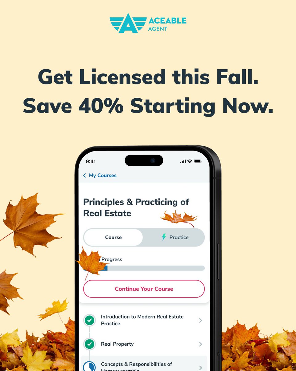 AceableAgent's tweet photo. It's the best time to get licensed as a Real Estate Agent with the start of fall and our FLASH SALE ‼️

Get it before it's gone at https://t.co/SUvgbuT9Za https://t.co/VkJy4FijTm