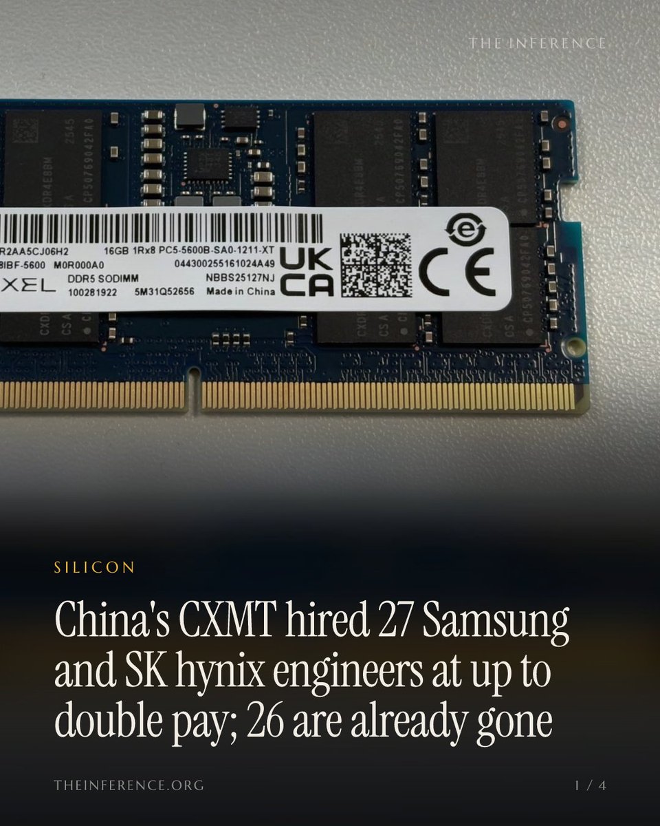 inference_org's tweet photo. Korea's parliament counted a moving van: CXMT hired 27 Samsung and SK hynix veterans at up to double pay. Twenty-six of the 27 are already gone, after 2.9 years on average.

https://t.co/IJ2JisbaKk https://t.co/nQ1kecOswV