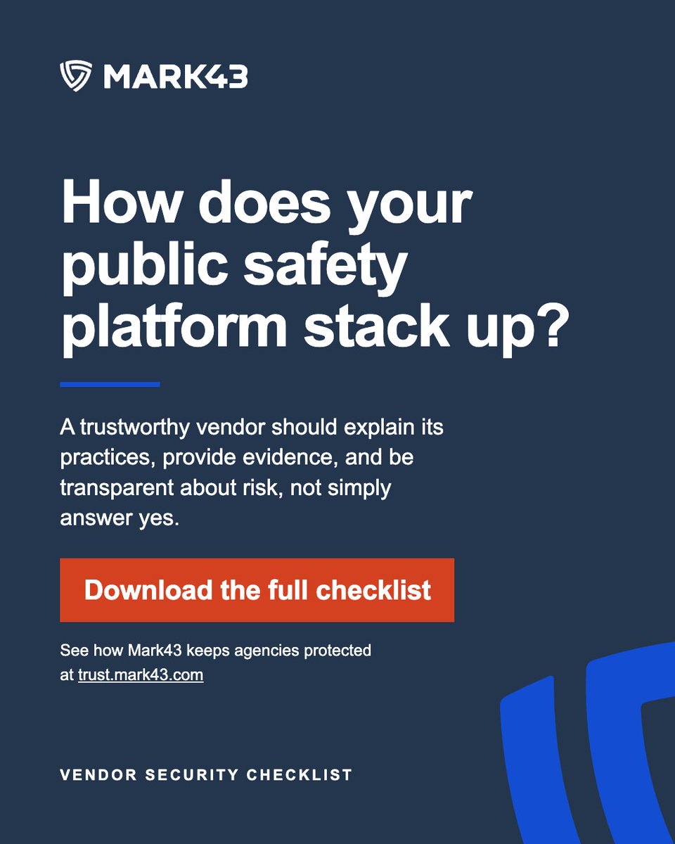 mark43's tweet photo. October is Cybersecurity Awareness Month, and we’ll be sharing practices and resources to help agencies strengthen their security and resiliency.

First up: How well do you really know your vendor’s security practices? 🔐

Download the full checklist now: https://t.co/FxvGpHgjbR https://t.co/oYZPHtn0vF