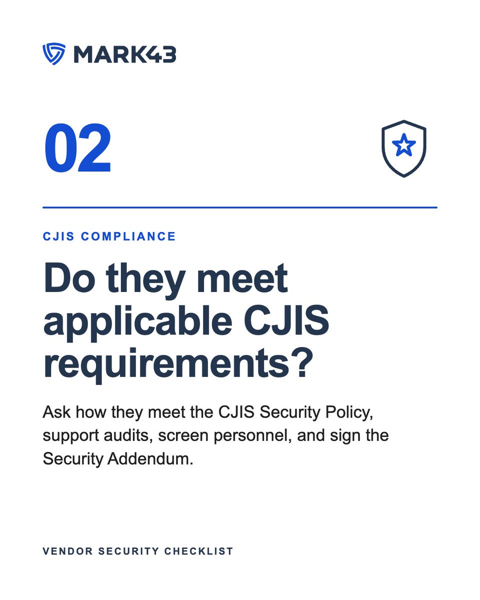 mark43's tweet photo. October is Cybersecurity Awareness Month, and we’ll be sharing practices and resources to help agencies strengthen their security and resiliency.

First up: How well do you really know your vendor’s security practices? 🔐

Download the full checklist now: https://t.co/FxvGpHgjbR https://t.co/oYZPHtn0vF