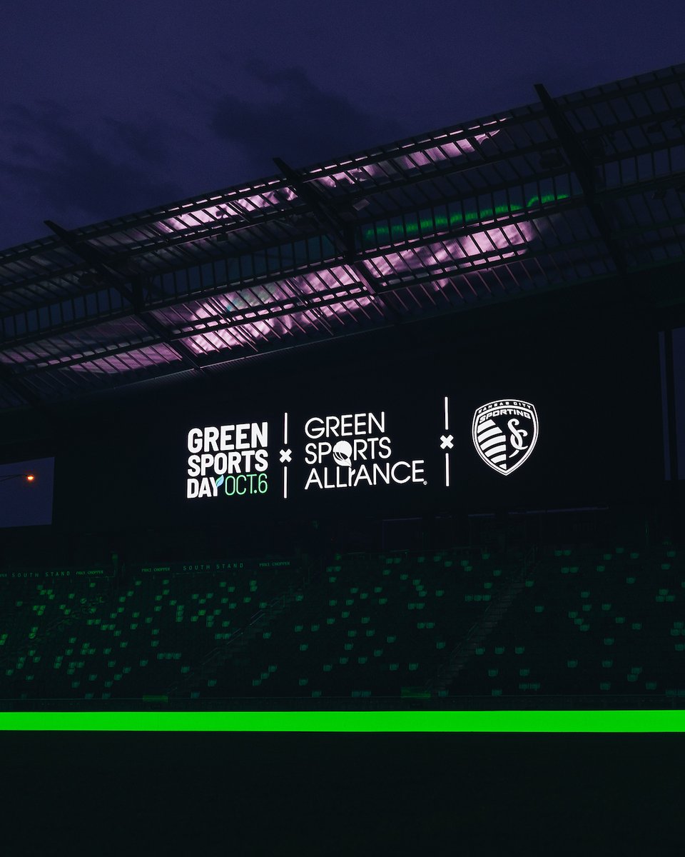SportingKC's tweet photo. One color, one message: resilience. Our stadium is lit green in celebration of Green Sports Day alongside @sportsalliance. 💚

#GreenSportsDay #SportingSustainability 
More on Green Sports Day here: https://t.co/rQlLtoBr4E https://t.co/xflaLcEEBa