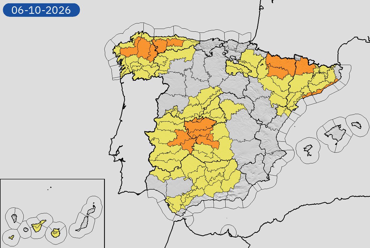 AEMET_Esp's tweet photo. 06/10 16:00 AVISOS HOY Y MAÑANA | España: lluvias, tormentas y costeros. Nivel máximo de aviso: naranja.
Actualizaciones en https://t.co/BLdoSsO2Qv https://t.co/c1SwWnchQt