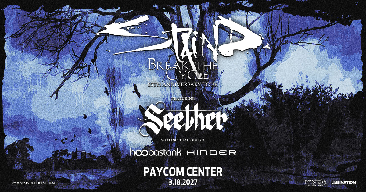 PaycomCenter's tweet photo. JUST ANNOUNCED! 🤘Staind is celebrating 25 years of Break The Cycle at #PaycomCenter on March 18! Featuring Seether and special guests Hoobastank and Hinder.

Tickets on sale this Friday, Oct 9th @ 10AM.

More info: https://t.co/1xCa4CdTTl https://t.co/rtbZzycpEA