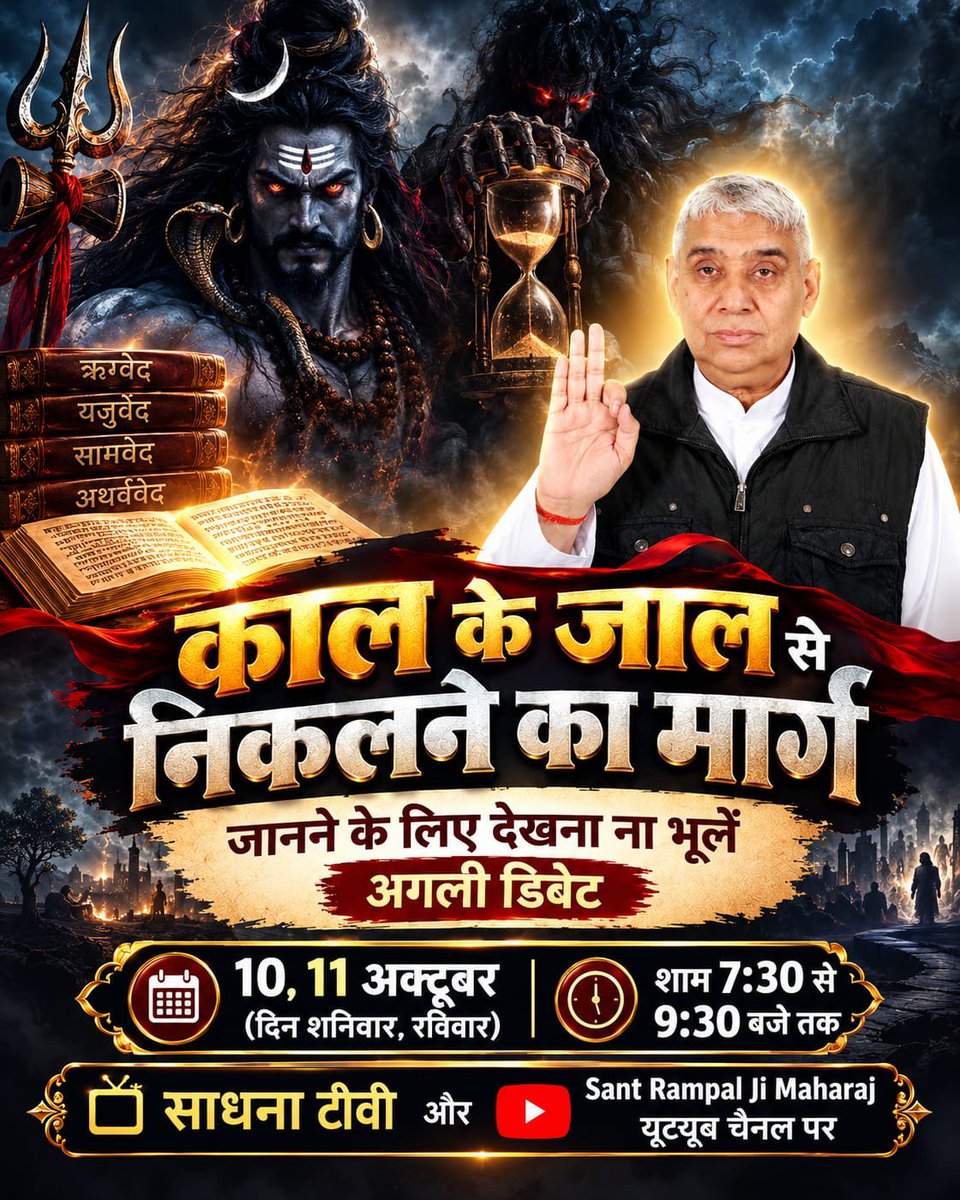 SurajMujalde's tweet photo. #शास्त्रार्थ_का_शंखनाद_10_Oct
🌿काल के जाल से निकलने का मार्ग जानने के लिए देखना ना भूलें अगली डिबेट 10, 11 अक्टूबर (दिन शनिवार, रविवार) को शाम 7:30 से 9:30 बजे तक साधना टीवी और Sant Rampal Ji Maharaj यूट्यूब चैनल पर।
50Lakh By Sant RampalJi
🙏🙏 https://t.co/jZ6P2DlH9P
