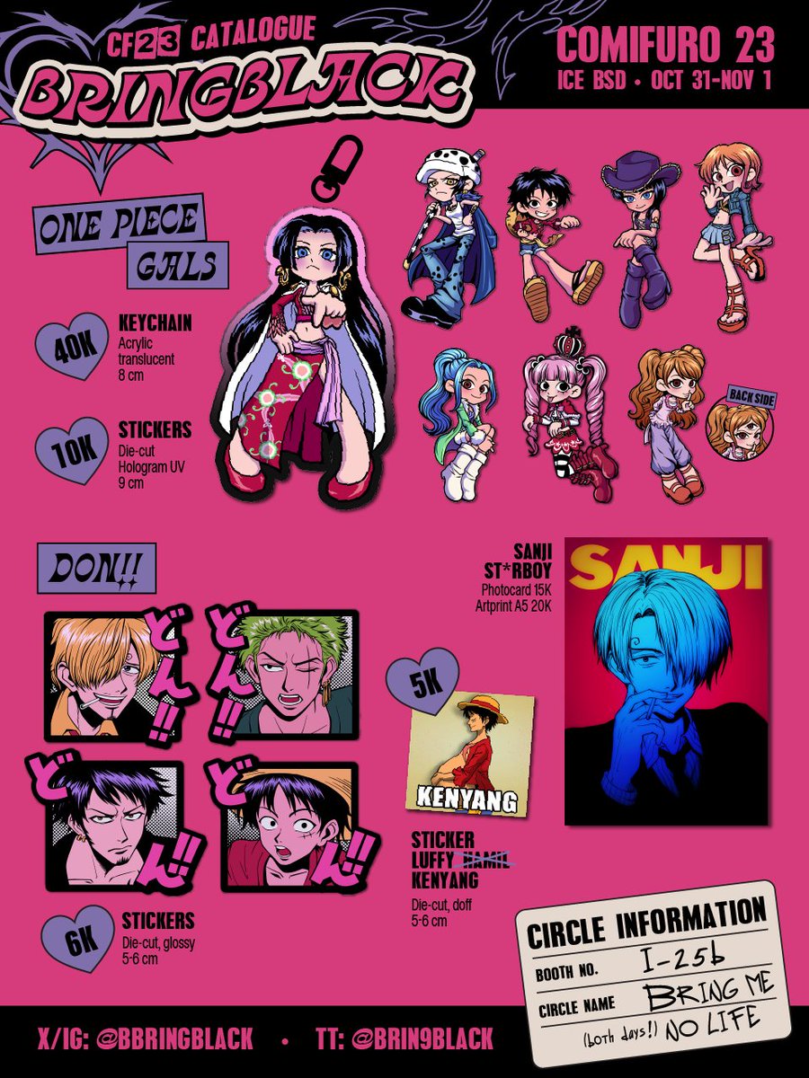 bbringblack's tweet photo. [ ♡ &amp; 🔃 are appreciated ]

BRINGBLACK's COMIFURO 23 CATALOGUE

🎞️ One Piece, Harry Potter,  PASWG, Scott Pilgrim Takes Off, Record of Ragnarok, Go For It Nakamura, Wayama, other
💿 i-25b "Bring Me No Life"
🛒 OTS &amp; PO
— Pickup until Oct 13
— Mail until Nov 8

#CF23 #comifuro23 https://t.co/SzavPrKcL7