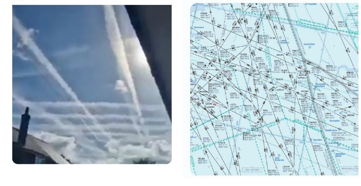 GrammarPolice7's tweet photo. @JulioRazona All just contrails from planes on intersecting flight paths as directed by air traffic control. https://t.co/CRQTspBhRp