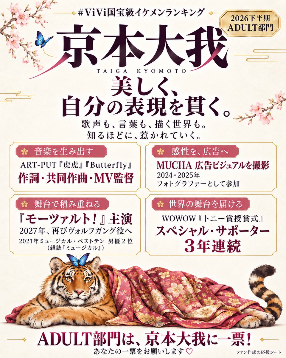 v0a_vk's tweet photo. 見惚れて、聴き惚れて、知るほどに惚れ直します🥰京本大我を好きでいると、いつも新しい魅力に出会える🐯🦋
その美貌も、歌声も、創り出す世界も、もっと広く届いてほしい！

ⒶⒹⓊⓁⓉ部門は京本大我に一票お願いします🩷
投票はリプ欄から🔽
#ViVi国宝級イケメンランキング
#京本大我 https://t.co/2lCvvesqCN