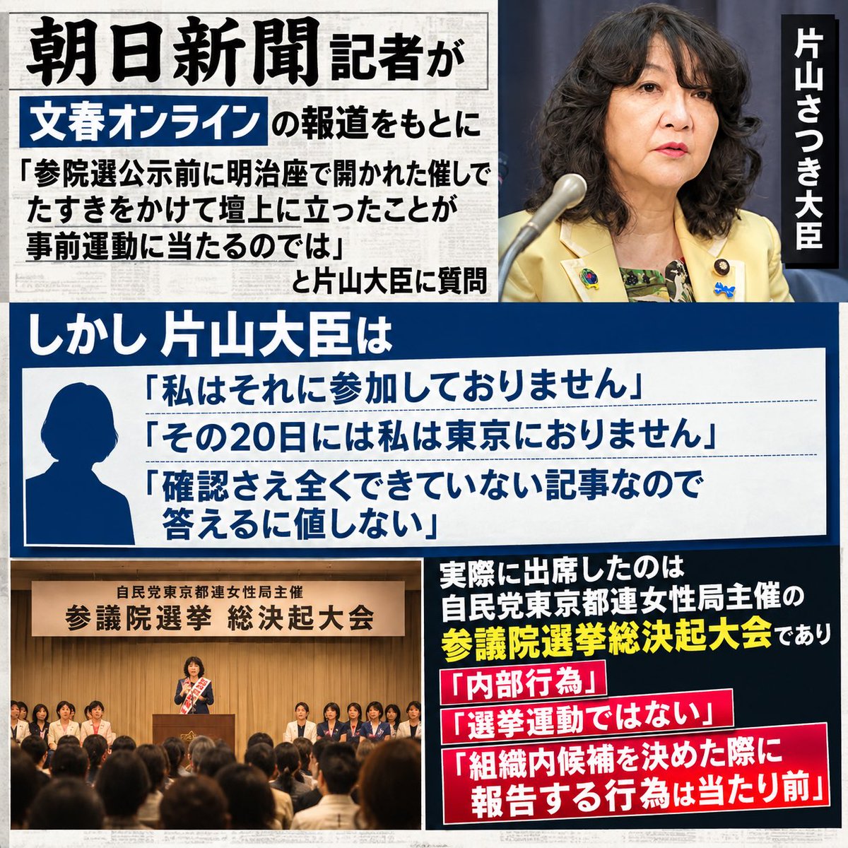 daitojimari's tweet photo. 文春と朝日新聞　大誤報
事前運動報道、片山さつき財務相「組織内候補の報告」と反論　令和4年参院選公示前 https://t.co/YaI3HkWrdb @Sankei_newsより https://t.co/PNgtST70Tb