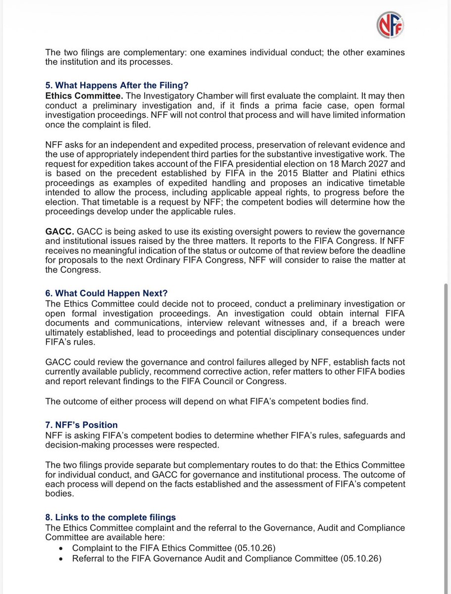 JacobsBen's tweet photo. 🚨 The Norwegian Football Association submitted two parallel filings to FIFA on October 5 2026 concerning three matters: the FIFA Peace Prize, Flo Balogun’s suspended red card, and the FIFA Forward Enterprise (FFE) project.

The NFF say the filings “activate two separate FIFA mechanisms: one addressing individual conduct and
the other institutional governance and process.”

The first filing is a complaint to the FIFA Ethics Committee. It asks the Ethics Committee to “examine the conduct of FIFA President Gianni Infantino and any other individuals identified through the investigation for potential breaches of FIFA’s Code of Ethics.”

The second filing is a referral to FIFA’s Governance, Audit and Compliance Committee (GACC). It asks “whether FIFA’s governance, financial oversight, internal controls and decision-making processes has worked as intended.”

The NFF adds: “There is a recurring theme: whether FIFA office, authority or influence was used improperly.”

NFF asks for an independent and expedited process in light of the forthcoming FIFA presidential election this March.