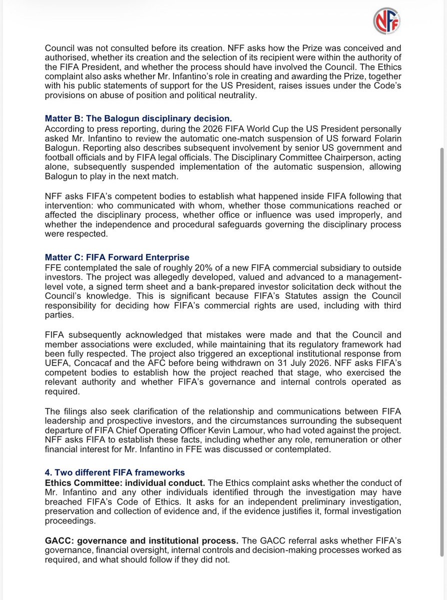 JacobsBen's tweet photo. 🚨 The Norwegian Football Association submitted two parallel filings to FIFA on October 5 2026 concerning three matters: the FIFA Peace Prize, Flo Balogun’s suspended red card, and the FIFA Forward Enterprise (FFE) project.

The NFF say the filings “activate two separate FIFA mechanisms: one addressing individual conduct and
the other institutional governance and process.”

The first filing is a complaint to the FIFA Ethics Committee. It asks the Ethics Committee to “examine the conduct of FIFA President Gianni Infantino and any other individuals identified through the investigation for potential breaches of FIFA’s Code of Ethics.”

The second filing is a referral to FIFA’s Governance, Audit and Compliance Committee (GACC). It asks “whether FIFA’s governance, financial oversight, internal controls and decision-making processes has worked as intended.”

The NFF adds: “There is a recurring theme: whether FIFA office, authority or influence was used improperly.”

NFF asks for an independent and expedited process in light of the forthcoming FIFA presidential election this March.