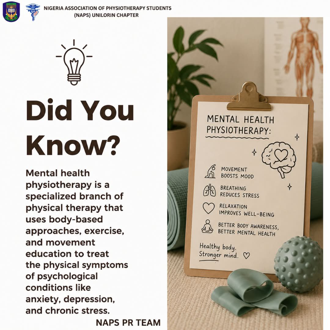naps_unilorin's tweet photo. Physiotherapy isn’t just about physical health. 🩵

Through movement, exercise, and relaxation, physiotherapy can support mental well-being by reducing stress, improving mood, and promoting overall wellness.

A healthier body can support a healthier mind.

#PTAndMentalHealth https://t.co/k4xfzDOJou