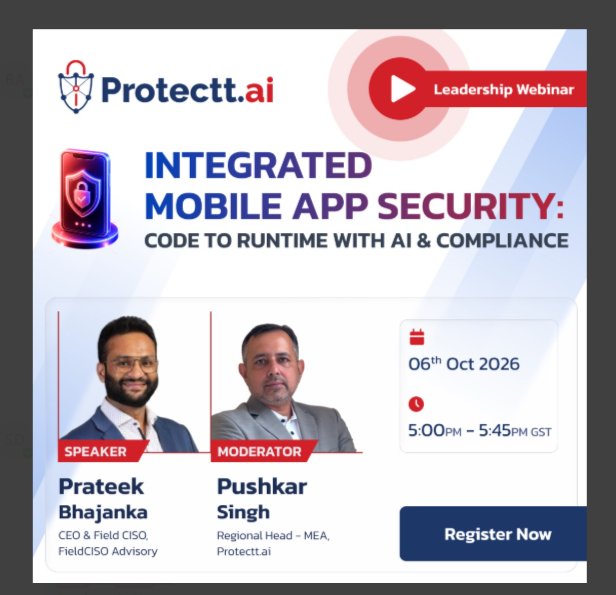 protectt_ai's tweet photo. What does it take to build an #AI-backed #mobile defence architecture that meets strict regulatory standards?  Join us live at 5 PM GST to learn more on #AppSecurity. 
Starting in a few hours! Register here https://t.co/JBPtDdfWQo
#MobileSecurity #Cybersecurity @PrateekBhajanka https://t.co/paLSBPF7k5