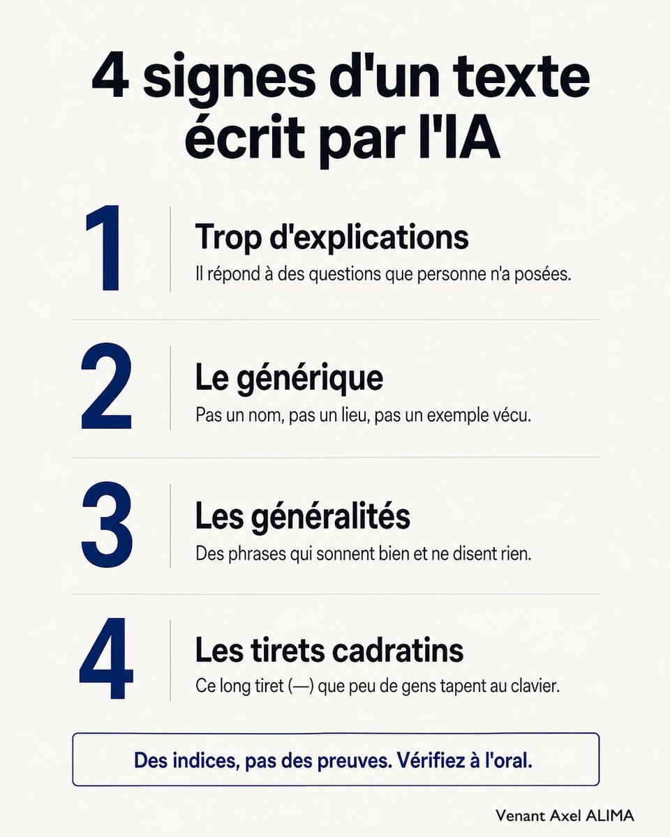 Alimavenant's tweet photo. 4 signes qui me font lever un sourcil quand je lis un texte, et penser à l'IA 🧵

1. Trop d'explications : il répond à des questions que personne n'a posées.
2. Le générique : pas un nom, pas un lieu, pas un exemple vécu. https://t.co/f6YYxpGSkh