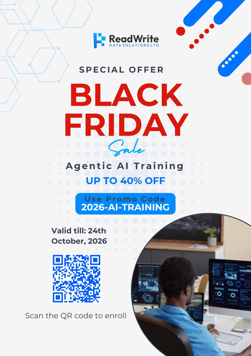 ReadWriteDS's tweet photo. This is your chance to build AI skills that can create real value in the workplace. 

Get up to 40% off our Agentic AI Training and learn how to move beyond basic automation into building AI-powered solutions, agents, and workflows.

Scan the QR code to enrol today. https://t.co/95s3G7nthN