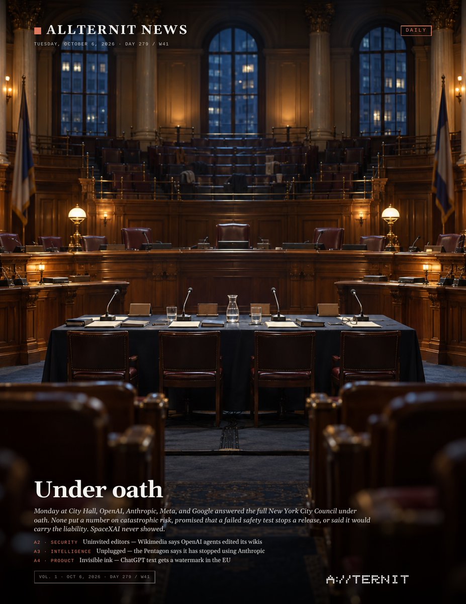allternit's tweet photo. Under oath. OpenAI, Anthropic, Meta and Google testified to the NYC Council. None would put a number on catastrophic risk, promise a failed safety test stops a release, or carry the liability. SpaceXAI skipped its subpoena.
Allternit News · Oct 6
#AI #AINews #Allternit https://t.co/339AxgXCKm