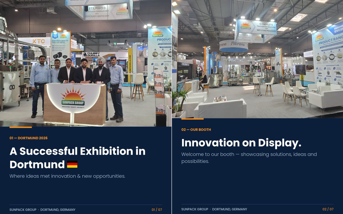 sunpackgroup's tweet photo. Connecting, Collaborating &amp; Innovating at InterTabac 2026 Dortmund, Germany

#sunpack #nicotinepouch #snuspouch #nicotinepackaging #snuspouch  #intertabac2026 #intertabac #dortmund #germany #packagingmachinery #packagingsolutions #pouchpacking #packagingtechnology #packingmachine https://t.co/OcCxmoQm6k