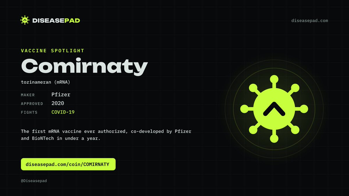 Diseasepad's tweet photo. Comirnaty was the first mRNA vaccine ever authorized, co-developed by Pfizer and BioNTech in under a year. That proof of concept still matters. $COMIRNATY isn't launched yet, so anyone can tokenize it on Diseasepad, fees split 50/50 on-chain.

https://t.co/jiYHsPt6AH https://t.co/ixoioM5P7q