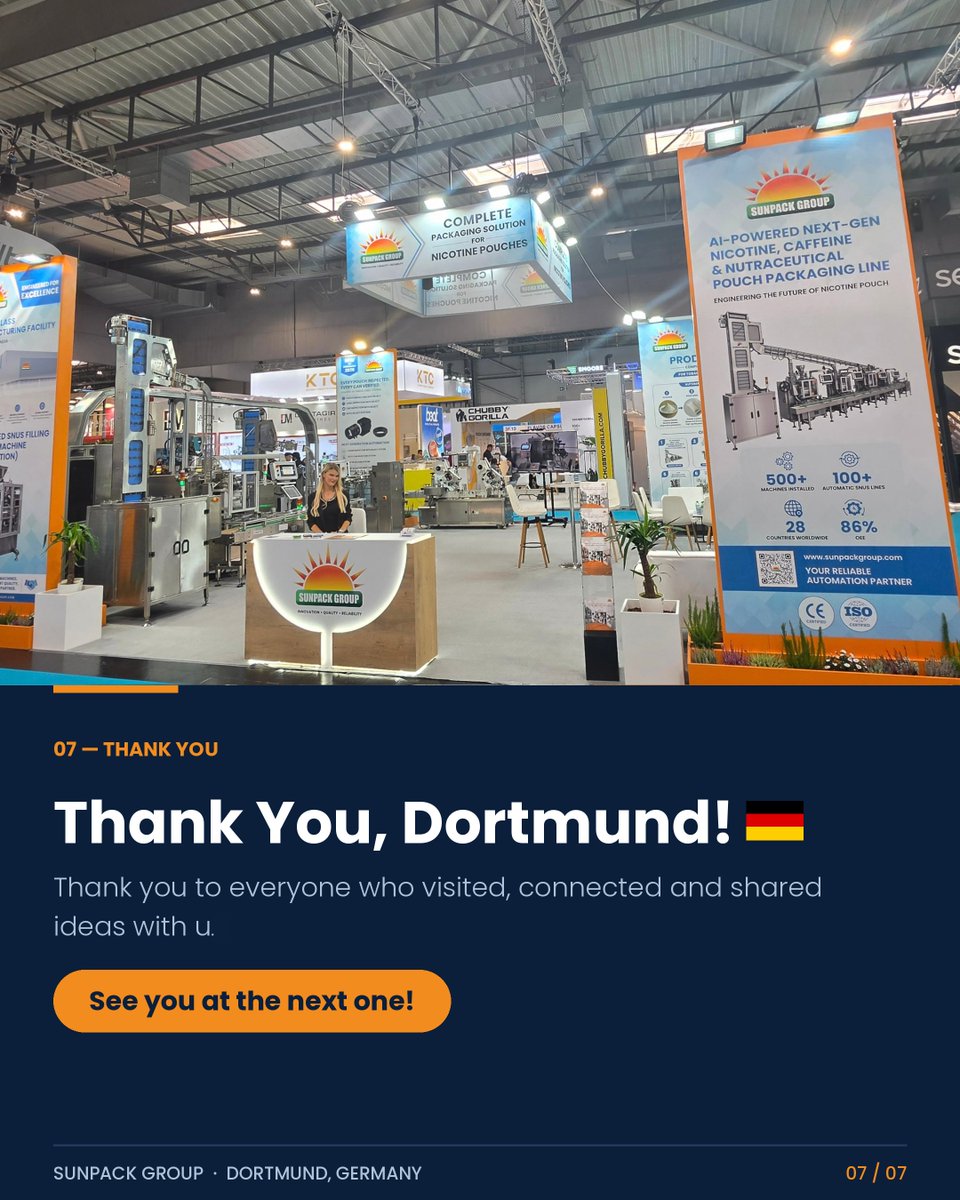 sunpackgroup's tweet photo. Connecting, Collaborating &amp; Innovating at InterTabac 2026 Dortmund, Germany

#sunpack #nicotinepouch #snuspouch #nicotinepackaging #snuspouch  #intertabac2026 #intertabac #dortmund #germany #packagingmachinery #packagingsolutions #pouchpacking #packagingtechnology #packingmachine https://t.co/OcCxmoQm6k