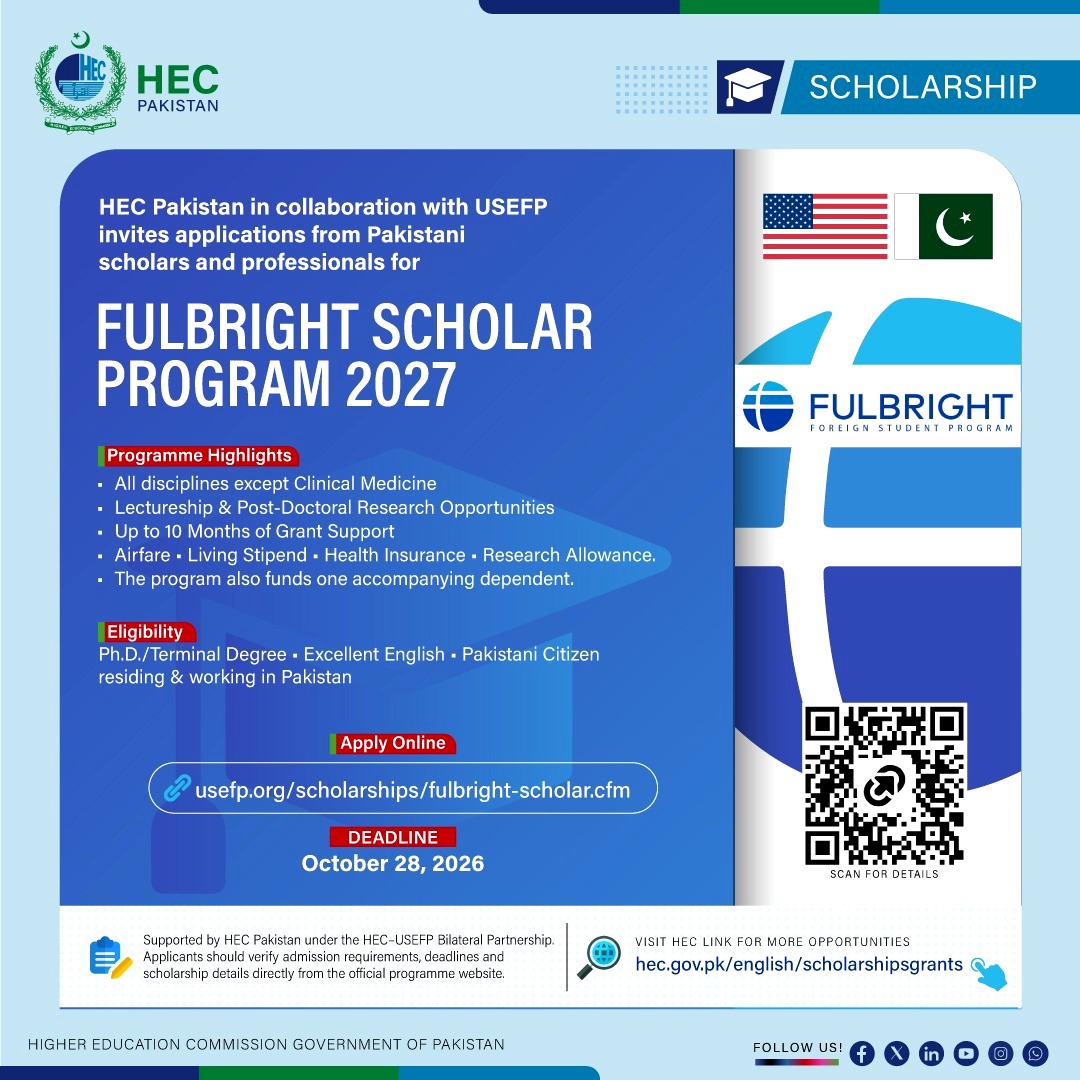 hecpkofficial's tweet photo. HEC Pakistan, in collaboration with USEFP, invites applications from Pakistani scholars and professionals for the Fulbright Scholar Program 2027.

Application Deadline: 𝗢𝗰𝘁𝗼𝗯𝗲𝗿 𝟮𝟴, 𝟮𝟬𝟮𝟲

Apply online: https://t.co/Yv1Pugzp6F https://t.co/i3ueeKyLoe