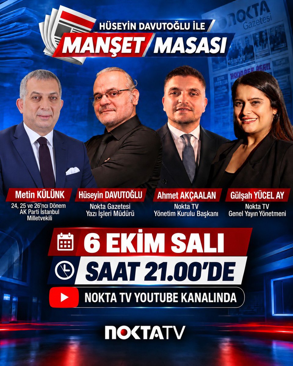 mkulunk's tweet photo. BU AKŞAM CANLI YAYINDA.

Hüseyin Davutoğlu’nun moderatörlüğünde Manşet Masası programında Ahmet Akçaalan ve Gülşah Yücel Ay ile gündemi değerlendireceğiz.

📅 6 Ekim Salı
🕘 Saat 21.00
📺 Nokta TV YouTube kanalında https://t.co/j3ModOL0fT