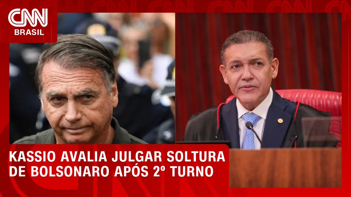The image is a CNN Brasil news graphic showing side-by-side photos of Jair Bolsonaro and Justice Kassio Marques in his judicial robes, with the headline "KASSIO AVALIA JULGAR SOLTURA DE BOLSONARO APÓS 2° TURNO" (Kassio considers ruling on Bolsonaro's release after 2nd panel), corresponding to the post about the justice weighing a decision on the former president's release following the second round of judicial review.
