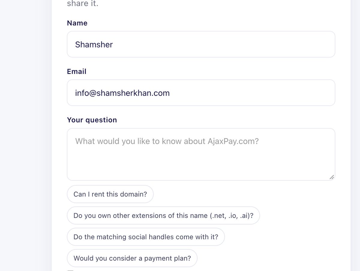 vpdomains's tweet photo. @squadhelp @atomHQ
from CRO point of view these additional content/questions are distraction. 

if someone is seeing buy now only or buy now + lto and contact owner button they might feel price is high or whatever it is. 
form should not be distractive

https://t.co/ePYQlZW4XK https://t.co/qJMmdMjQFR