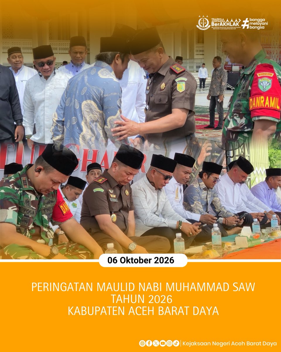kejari_abdya's tweet photo. Halo #SobatAdhyaksa π
Kepala Kejaksaan Negeri Aceh Barat Daya, Kardono, S.H., M.H., menghadiri Kenduri Maulid dan Ceramah Akbar yang dilaksanakan pada Selasa, 6 Oktober 2026, bertempat di Masjid Agung Baitur Ghafur, Desa Seunaloh, Kecamatan Blangpidie, Kabupaten Aceh Barat Daya. https://t.co/yVvSzziW72