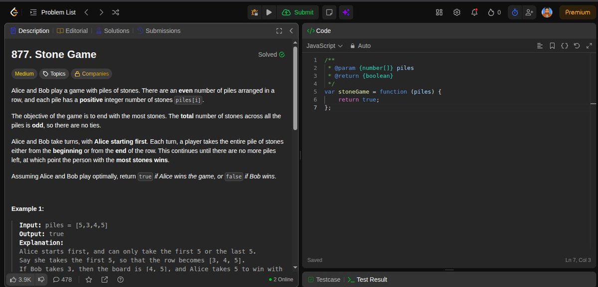 Zaryab_005's tweet photo. Day 305 of DSA

Solved 3 problems based on Game Strategy:

Divisor Game
Can I Win
Stone Game

Slowly getting better at recognizing winning strategies and game-state patterns.

#DSA #100DaysOfCode #LeetCode #GameTheory #DynamicProgramming #CodingJourney https://t.co/XD5vopChN1