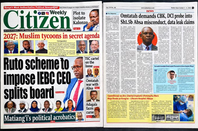Front pages of Kenya's 'The Weekly Citizen' newspaper, with headlines including 'Radio set me to impose EBO CEO, Splits board' and 'Omtatah demands CBK, DCI probe into Sh1.5b Absa misconduct, data leak claims'.