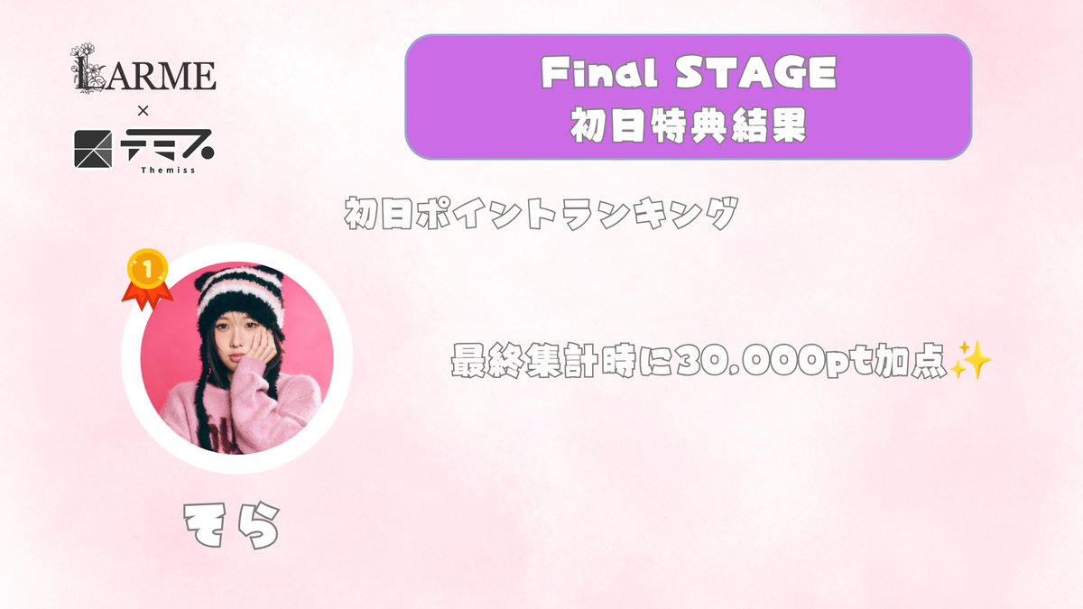 larme_themiss's tweet photo. /
#LARMEテミスモデル発掘AD
#FinalSTAGE
初日結果発表📣
\
【初日ポイントランキング】
🥇そら
@01_sora4
最終集計時に30,000pt加点✨
おめでとうございます🎉 https://t.co/oO9Gpf74Gg