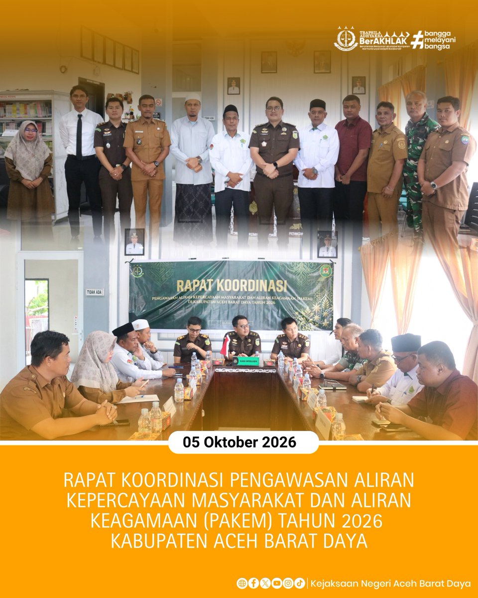 kejari_abdya's tweet photo. Halo #SobatAdhyaksa π
Kepala Seksi Intelijen Kejaksaan Negeri Aceh Barat Daya, Barry Sugiarto, S.H., M.H., bersama jajaran Bidang Intelijen melaksanakan Rapat Koordinasi Pengawasan Aliran Kepercayaan Masyarakat dan Aliran Keagamaan (PAKEM) Tahun 2026 Kabupaten Aceh Barat Daya, https://t.co/U3vpRi6QeV