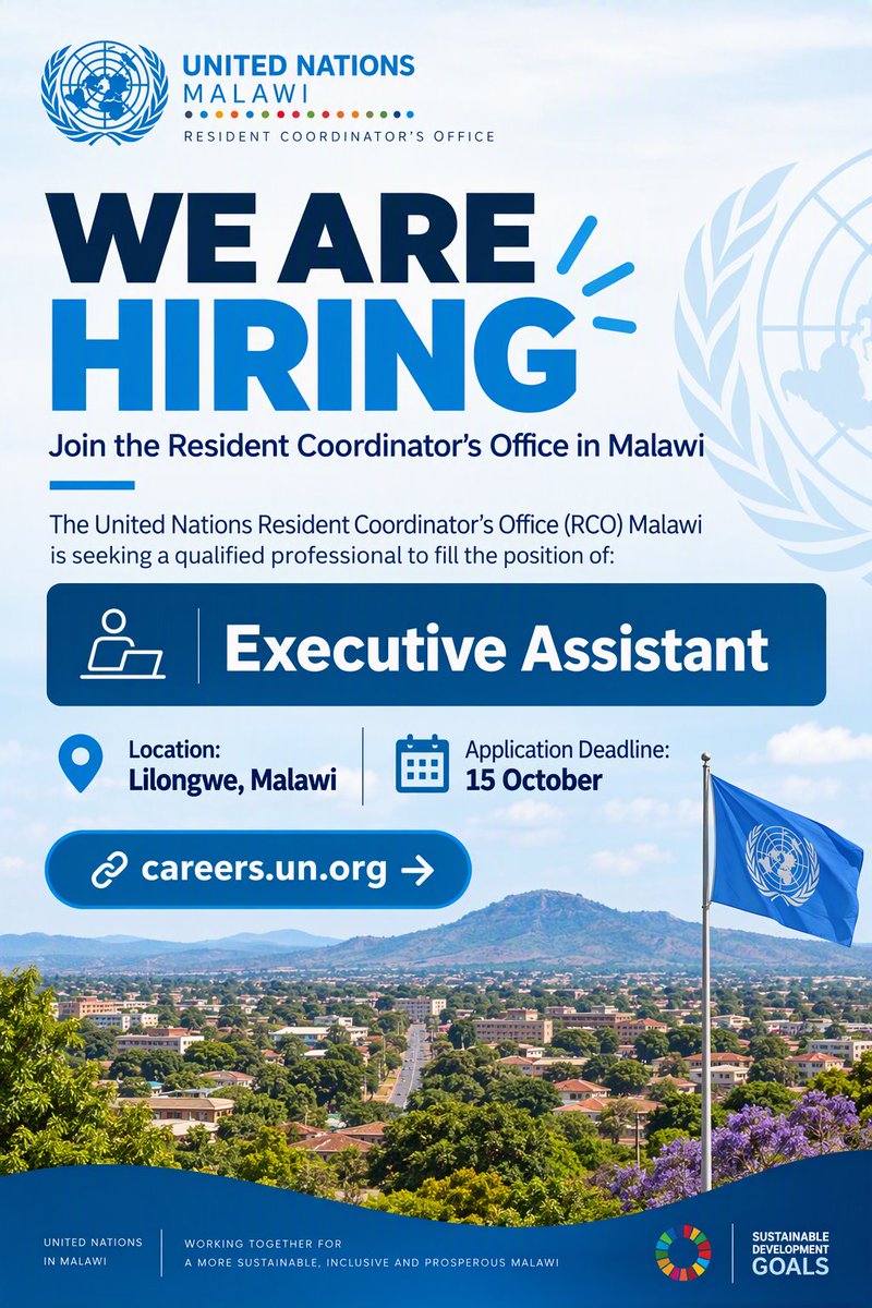 UNMalawi's tweet photo. 📢 WE ARE HIRING | EXECUTIVE ASSISTANT

📍 Location: Lilongwe, Malawi
📅 Application Deadline: 15 October

🔗https://t.co/FVJepScKFK https://t.co/C7PwOaBRcj