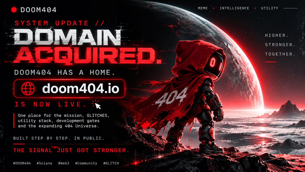 DOOM404Official's tweet photo. SYSTEM UPDATE // DOMAIN ACQUIRED 🔴

DOOM404 has a home.

https://t.co/1aMXlDK6xM is now LIVE.

One place for the mission, GLITCHES, utility stack, development gates and the expanding 404 Universe.

Built step by step. In public.

The signal just got stronger. 🤖

🌐 https://t.co/1aMXlDK6xM

#DOOM404 #Solana #Web3