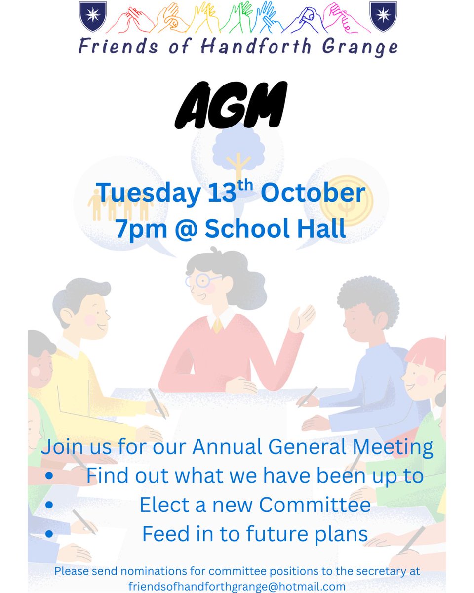 HandforthGrange's tweet photo. 📢 @FriendsofHG AGM
📅 Tues 13th Oct, 7pm
📍 School Hall

Find out what we've achieved, help elect a new committee and contribute to future plans. New and existing members welcome! 💙🏫

#FOHG #SchoolCommunity https://t.co/TFmQDv1lLl