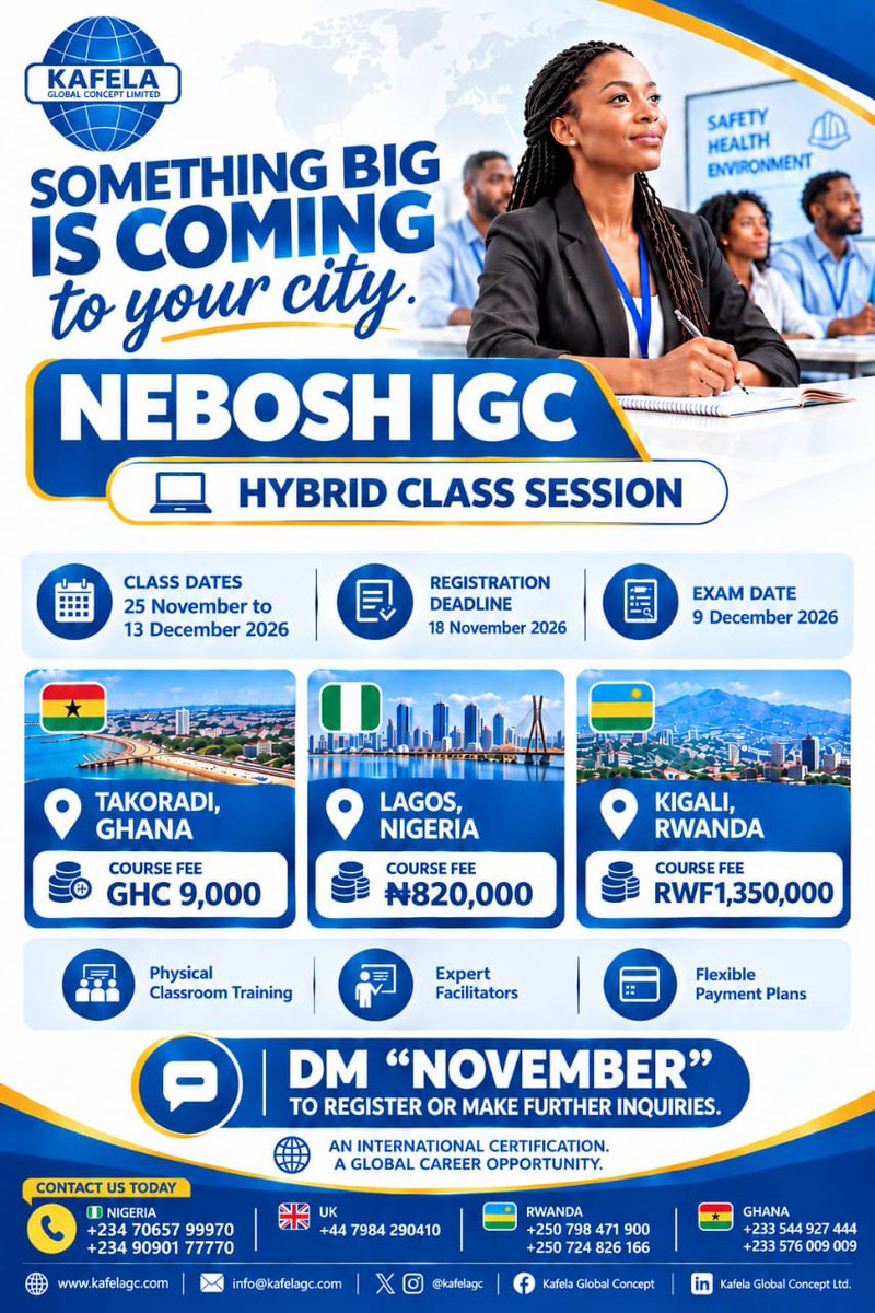 Kafelagc's tweet photo. Choose a Learning Partner you can trust.
Kafela Global Concept Limited is a NEBOSH Gold Learning Partner, delivering internationally recognised OSH training.
๐ Lagos | Abuja | Kigali
This November
Register: https://t.co/R0w4GuFwXk
#kafela #KGCL #kafelaglo #trending https://t.co/ilYHU0dzIu