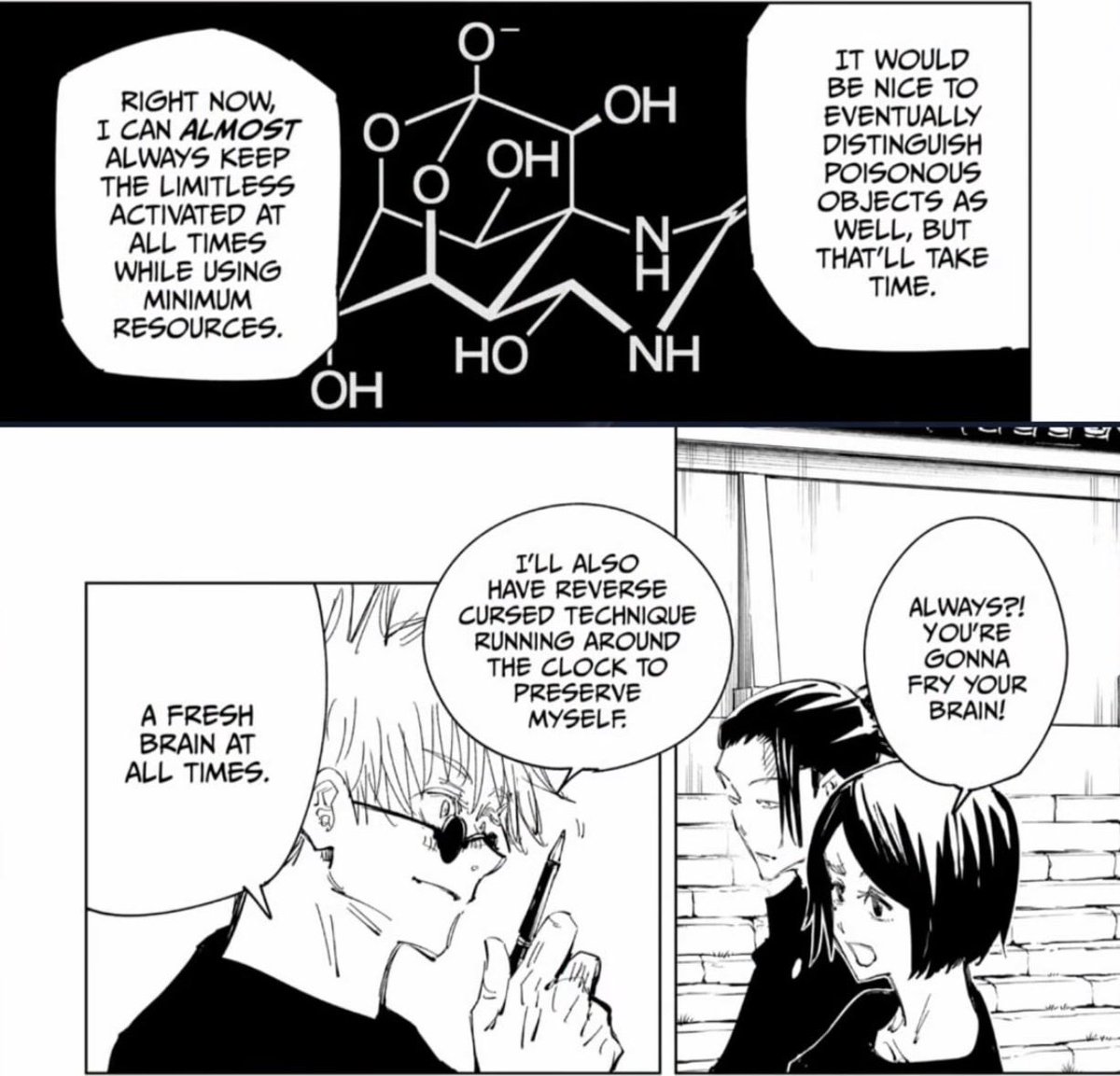 j4exe's tweet photo. @mskyisk86041 @AnimeePost It’s not just mentally draining, it’s literally frying his brain. he explains in hidden inventory arc that a some point he had to do it manually before he figured out how to do it automatically.  Not to mention that he had to distinguish what can and can’t go through infinity. https://t.co/nnXfIWhxIt