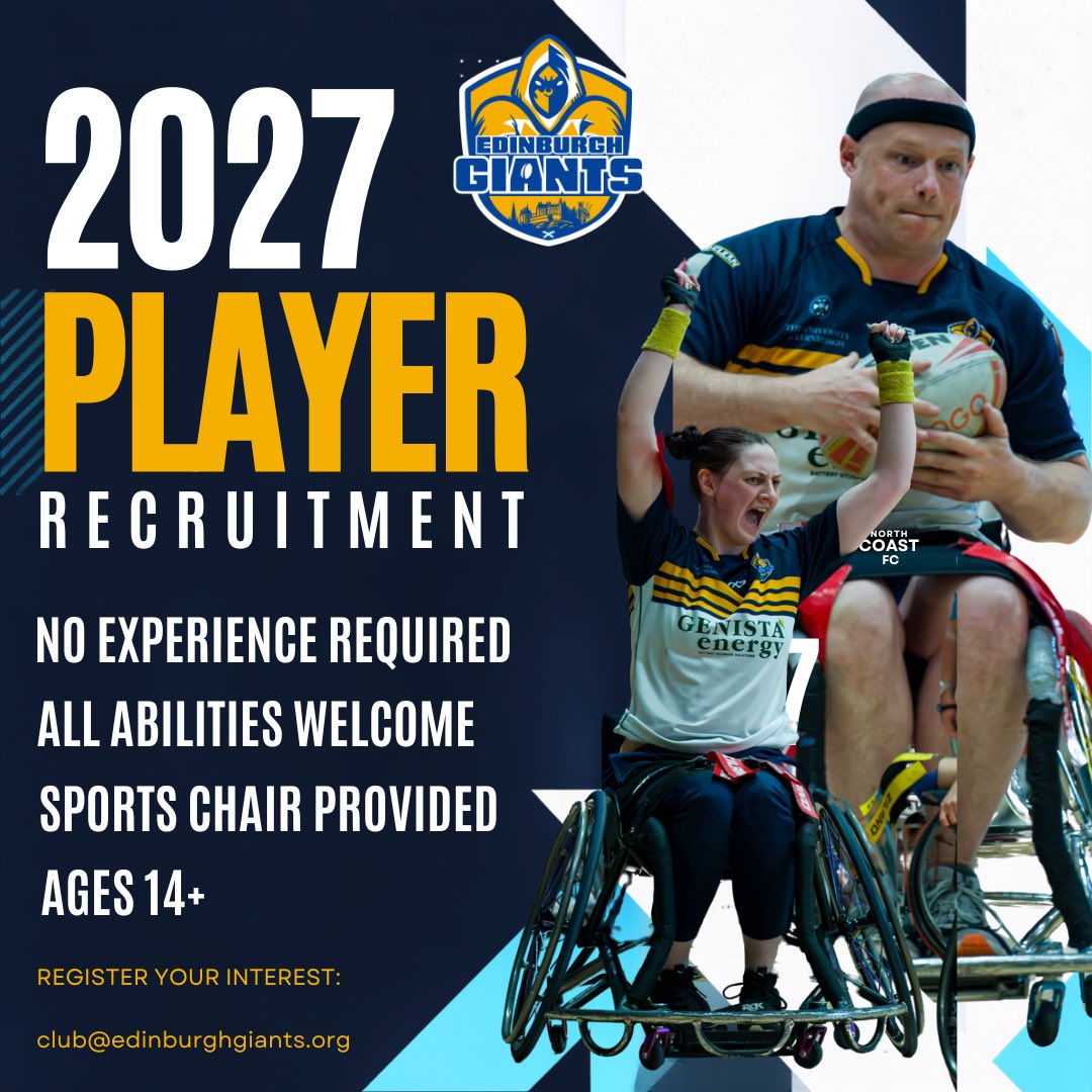 edingiants's tweet photo. Fancy giving Wheelchair Rugby League a try? 

We are recruiting for 2027 and are seeking expressions of interest from disabled and non-disabled people.

Email: club@edinburghgiants.org 

🔵🟡 https://t.co/TRBe5ko2m1