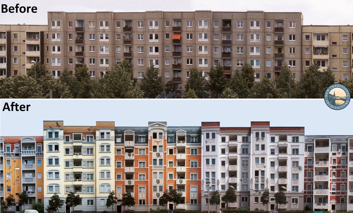 SCP_Hughes's tweet photo. Putting a facade on a prefab concrete block in the former east Berlin. The underlying structure is unaltered; instead, the architects have:

- Given it a coat of plaster;
- Painted it in varying colours;
- Broken up the massing with some clever tricks to the window and roofline detailing.

Look closely: the floor height remains continuous and the windows are all in the same places as before. The effect of spontaneity and variety is created by using ornament create patterns of group and emphasis.