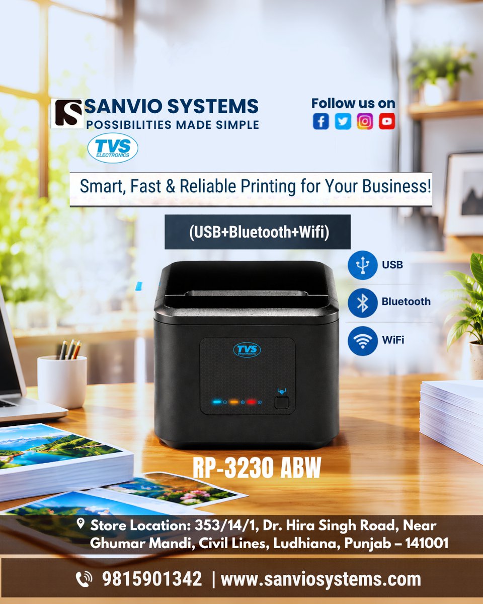 sanviosystems's tweet photo. Meet the TVS Electronics RP-3230 ABW - a high-speed 3-inch thermal receipt printer designed for smooth and reliable billing.

📞 Call/WhatsApp: 0161-5057224 | 9815901342 | 9914011660
#SanvioSystems #TVSElectronics #TVSRP3230ABW #ThermalPrinter #ReceiptPrinter #POSPrinter #Billing https://t.co/era52dPJty