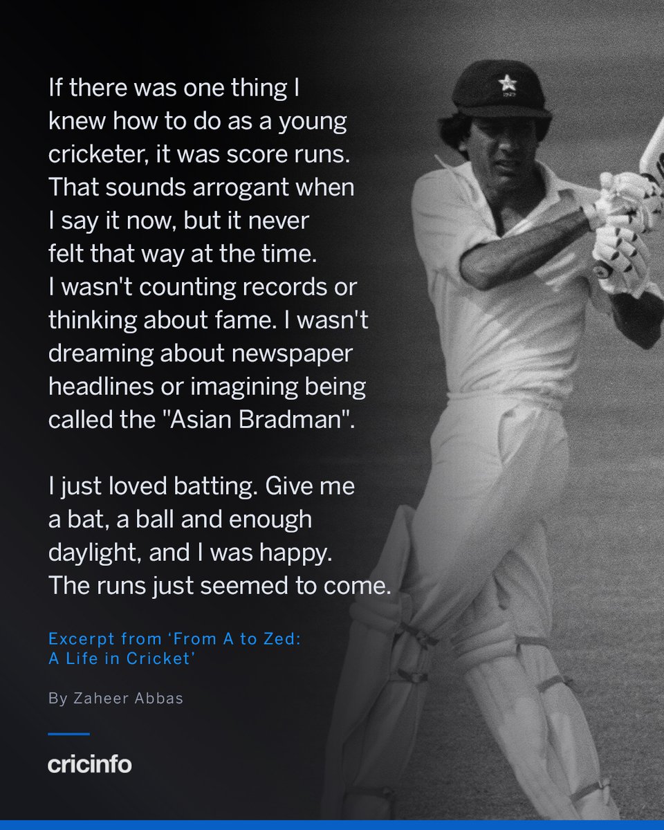 cricinfo's tweet photo. The Karachi schoolboy whose job was to score runs.

Zaheer Abbas, one of the greatest batters Pakistan produced, recalls the days he spent riding a motorbike searching for games to play in the city: https://t.co/rv2uYLluRc https://t.co/mYCF4GrdsJ