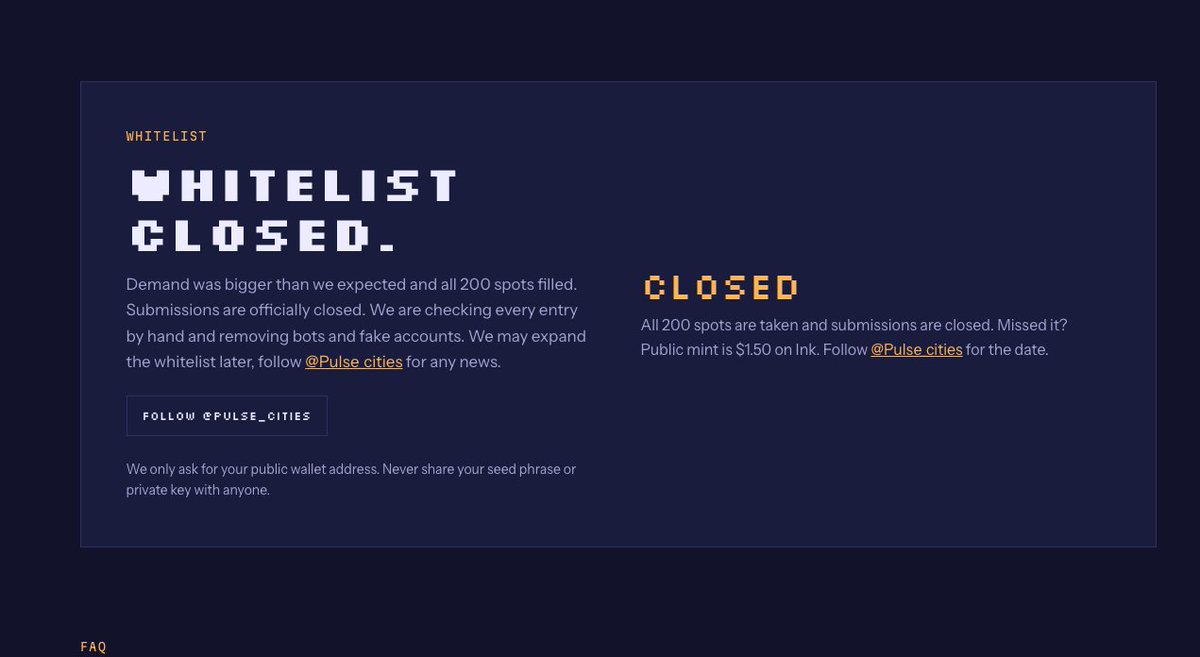 Pulse_cities's tweet photo. 🔒 PULSE whitelist is officially CLOSED.

Demand blew past our expectations and all 200 spots filled up fast. Thank you 🙏

Next: we're reviewing every entry by hand and removing bots and fake accounts

Expanding the WL? We're thinking about it. Stay tuned 👀 https://t.co/wPZhqNz66k