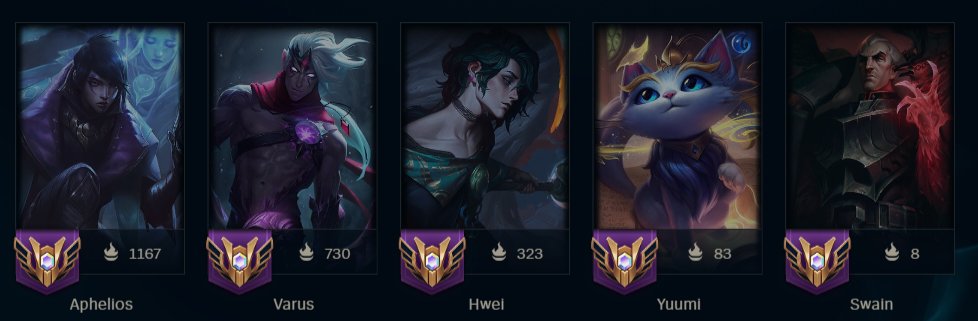 IPhelInLove's tweet photo. since we're sharing our most played champs, here's my "one is not like the others" kind of first row... kayn and xerath are immediately after swain too so umm OOPS https://t.co/JT1HuCunp8