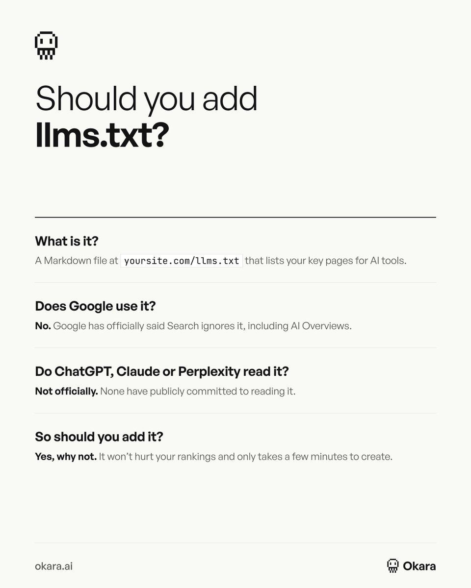 askOkara's tweet photo. Should you add llms.txt to your website?

Here's the honest answer: https://t.co/Fojj7unq5F