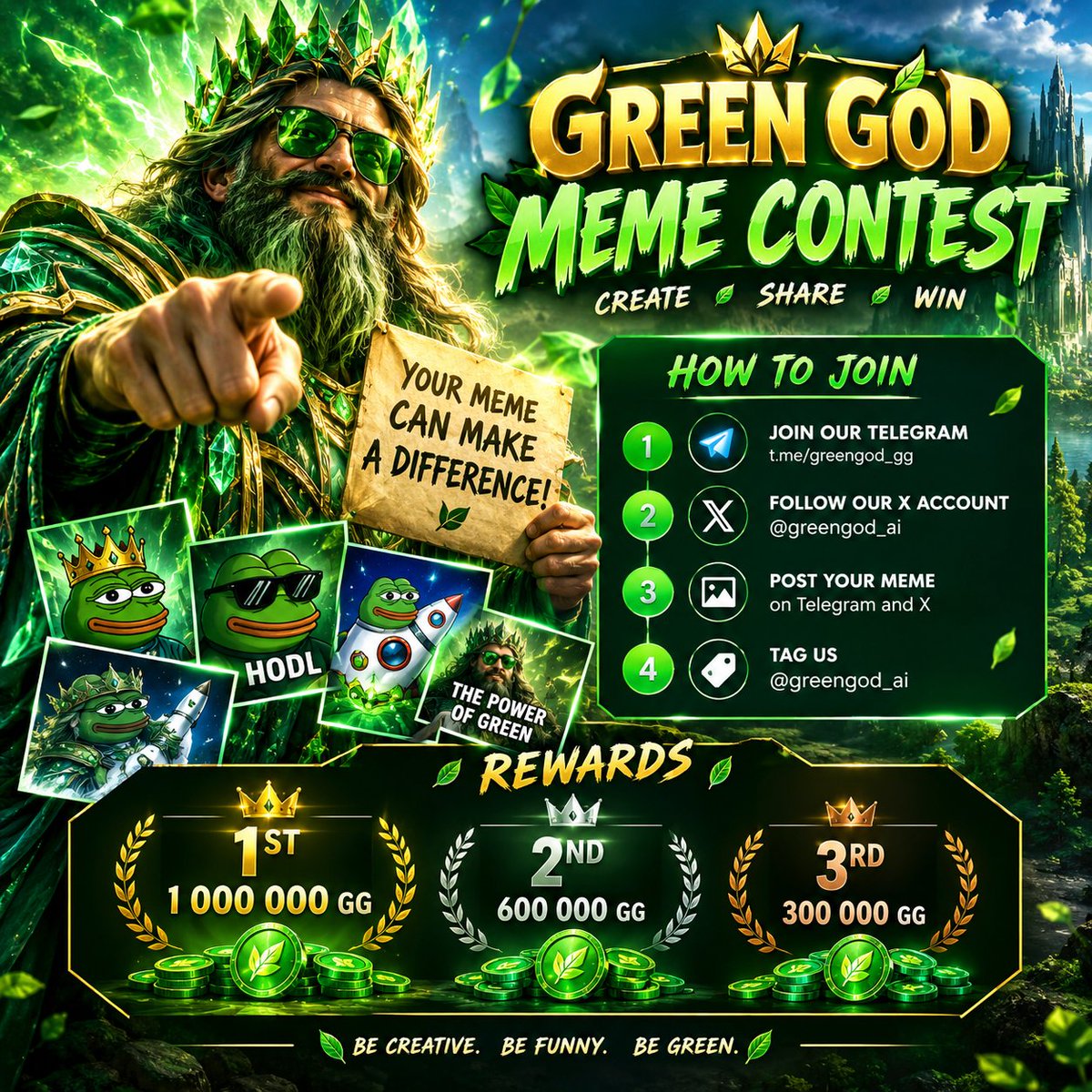 GreenGod_Ai's tweet photo. New Meme Contest is live now. 
You have 7 days to submit your artwork.
We accept any kind of artwork like pictures, videos or songs.

check the rules on the picture and join our community on telegram. https://t.co/Z7FlMV2fRI https://t.co/QoE0Ir5pZi